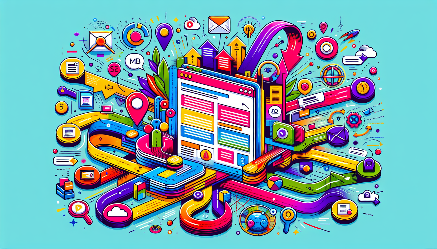 An illustration depicting various elements of on-page SEO, including meta descriptions and page titles, which help improve website ranking.